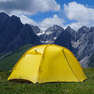 Hill Zero Scout 2P 4-season backpacking tent set up outdoors, lightweight and durable with aluminum poles